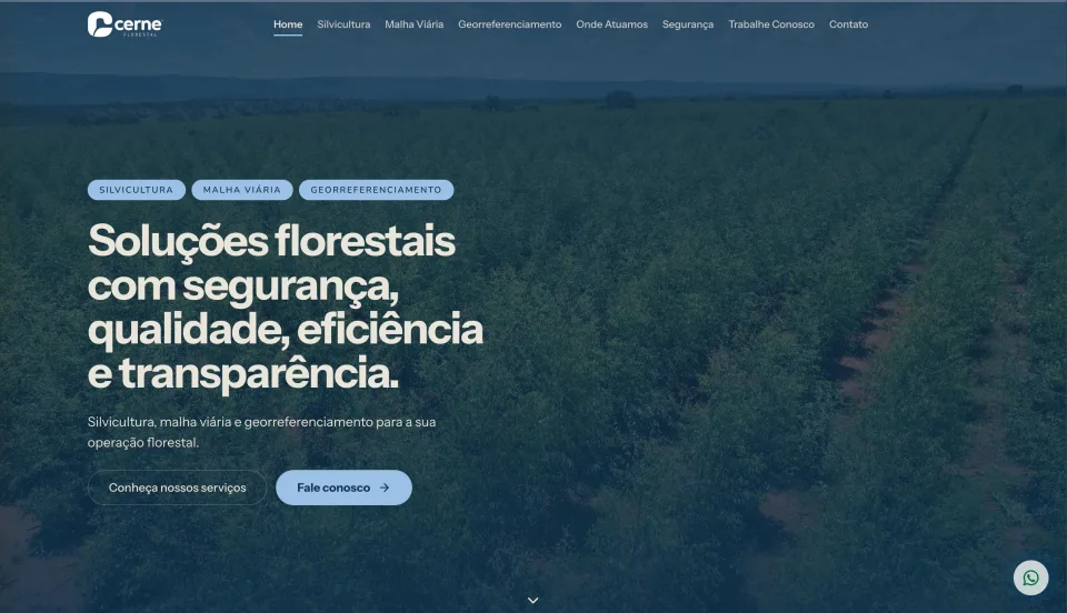 Site institucional da Cerne Florestal, construído pela Vortex